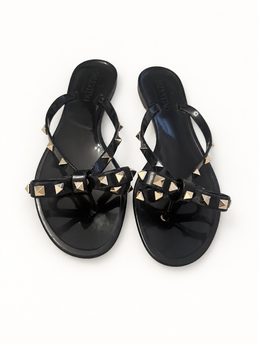 Valentino Black Jelly Thong Sandals with Gold Rockstuds